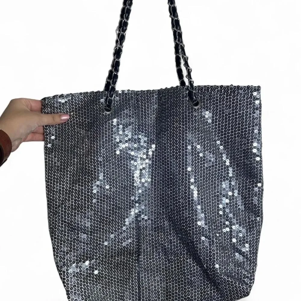 Silver sequin tote bag with chain handles lightweight Tote for festivals summer